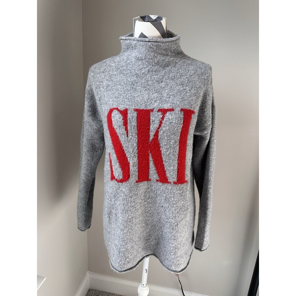 Cupcakes and Cashmere Novelty Après Ski Knit Roll Neck Sweater Medium Grey Red